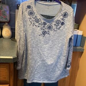 Woman Within Gray and Blue Embellished 3/4 Sleeve Blouse
